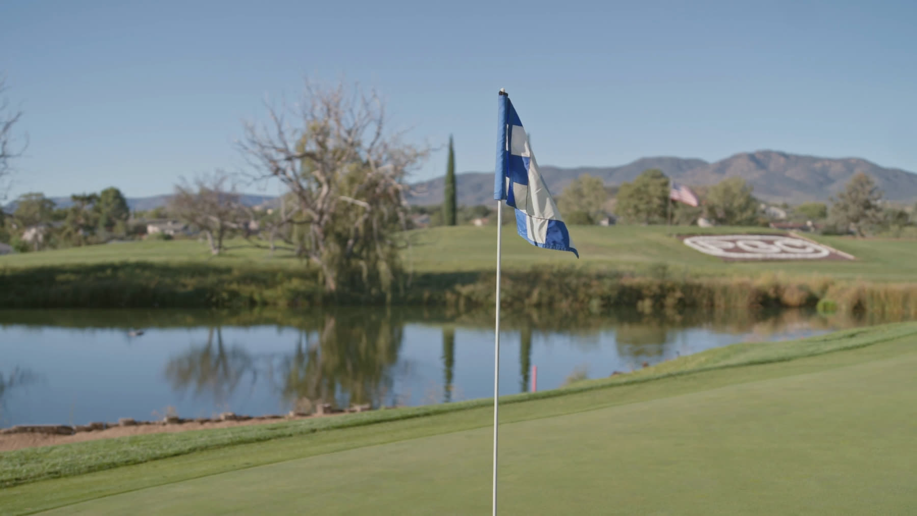 Pin flag on a green beside the water
